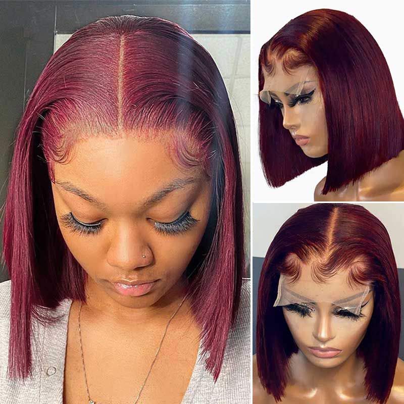 Blunt Cut Bob Burgundy 99J Color Straight Hair Double Drawn Wig High Density - Image 8