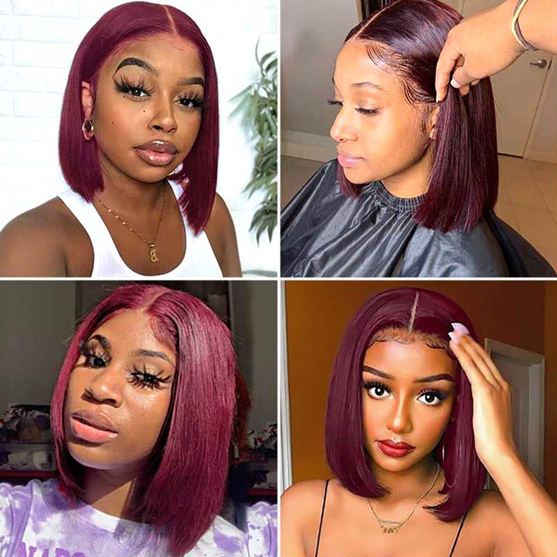 Blunt Cut Bob Burgundy 99J Color Straight Hair Double Drawn Wig High Density - Image 7