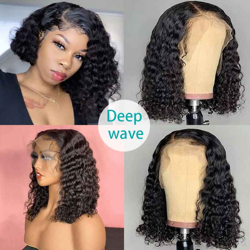 Deep Wave Bob Wig Blunt Cut Lace Front Wig 10A Human Hair Natural Color - Image 2