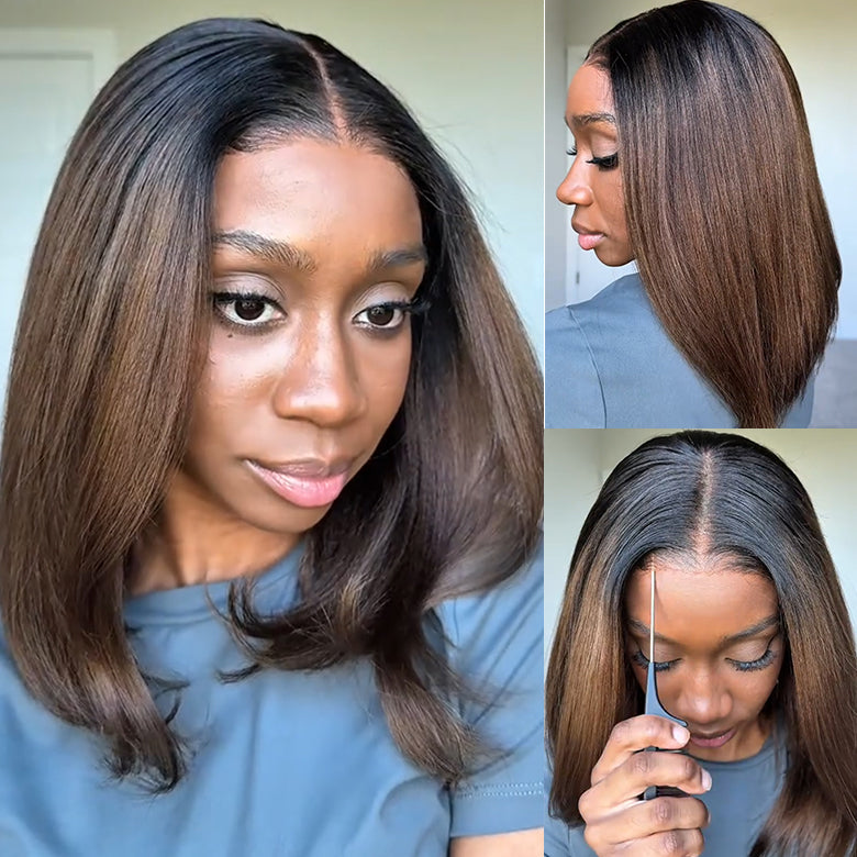 Flash Sale Highlight Bob Yaki Straight Human Hair 180% Density Pre Bleached Tiny Knots Glueless Wig - Image 19