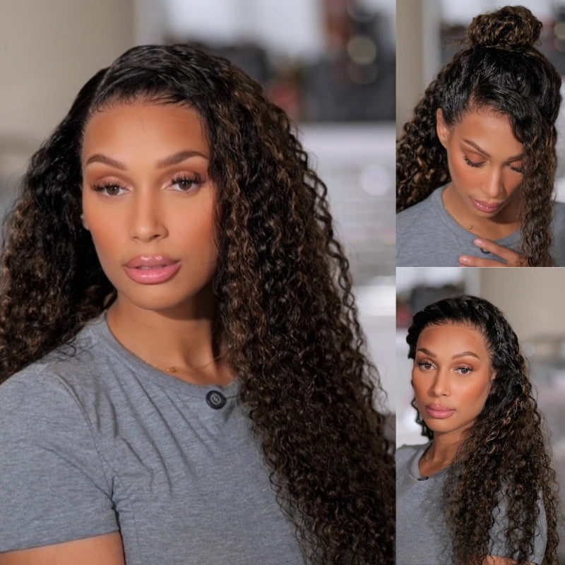 Water Wave 360 Lace Frontal Wig with Invisi Strap Brown Balayage Highlight Adjustable Fit Pre-Bleached and Pre-Cut Skin Lace - Image 2