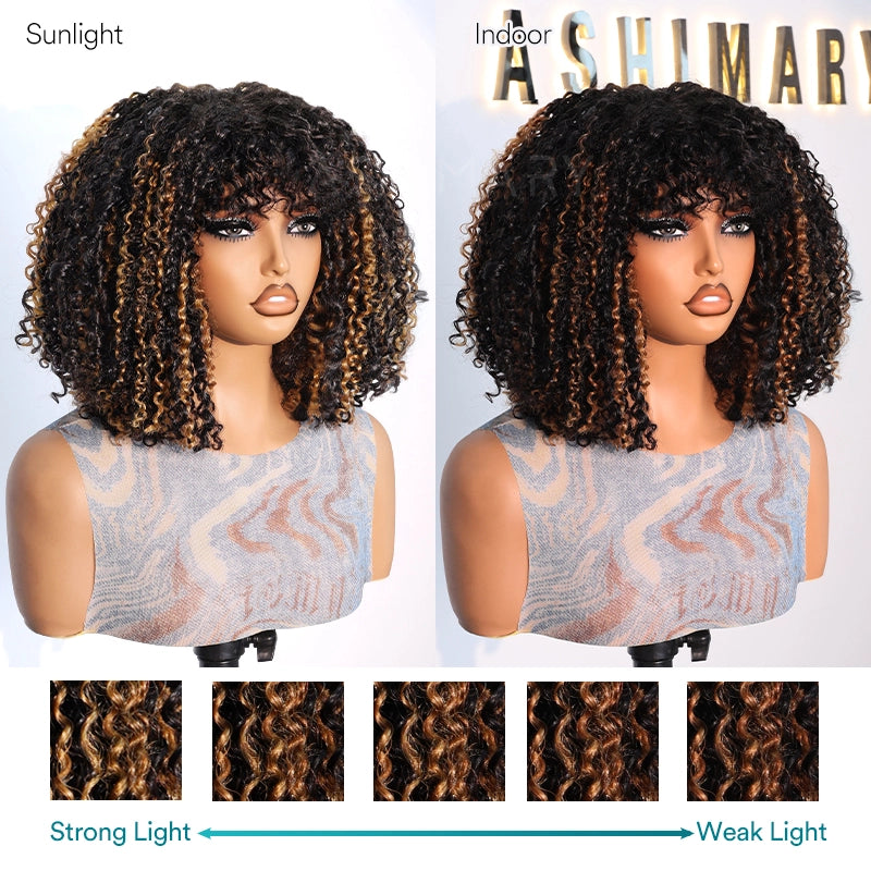 Pull Go 3x1 Scalp Illusion Wig with Natural Curly Bangs Highlight Kinky Curly Double Drawn Glueless Bob Wig - Image 9
