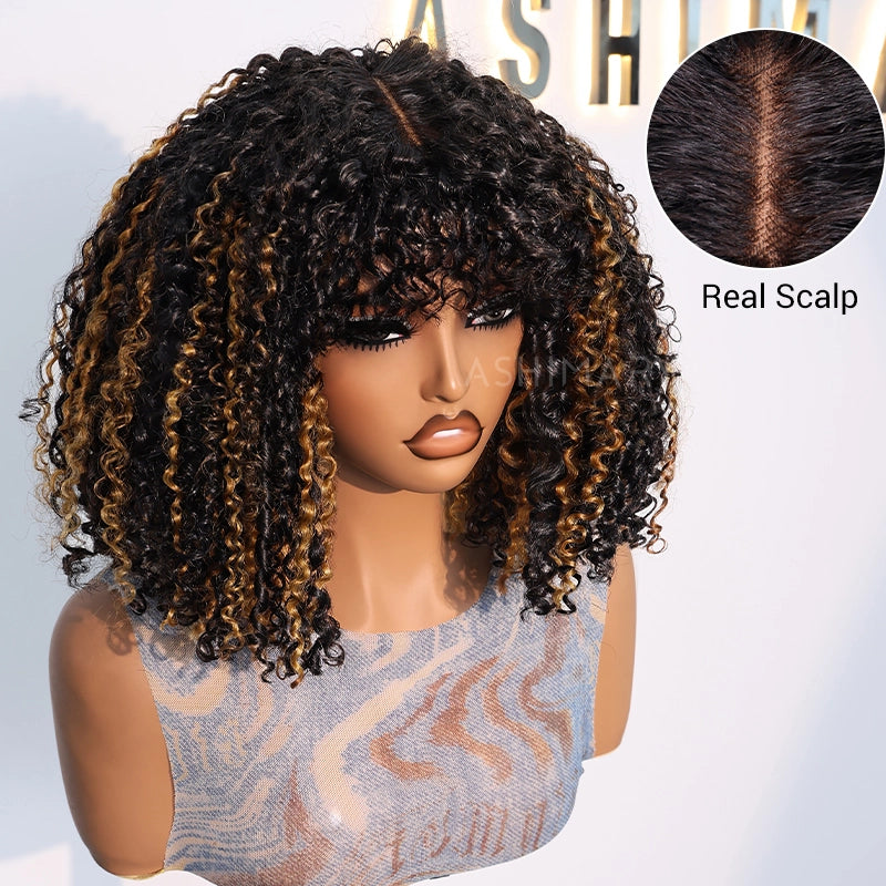 Pull Go 3x1 Scalp Illusion Wig with Natural Curly Bangs Highlight Kinky Curly Double Drawn Glueless Bob Wig - Image 3