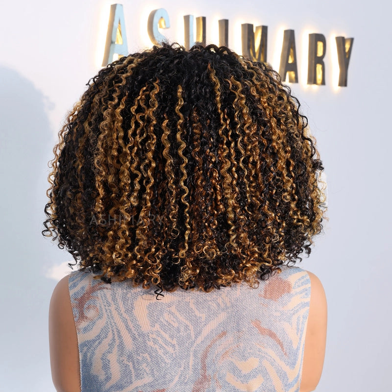 Pull Go 3x1 Scalp Illusion Wig with Natural Curly Bangs Highlight Kinky Curly Double Drawn Glueless Bob Wig - Image 5