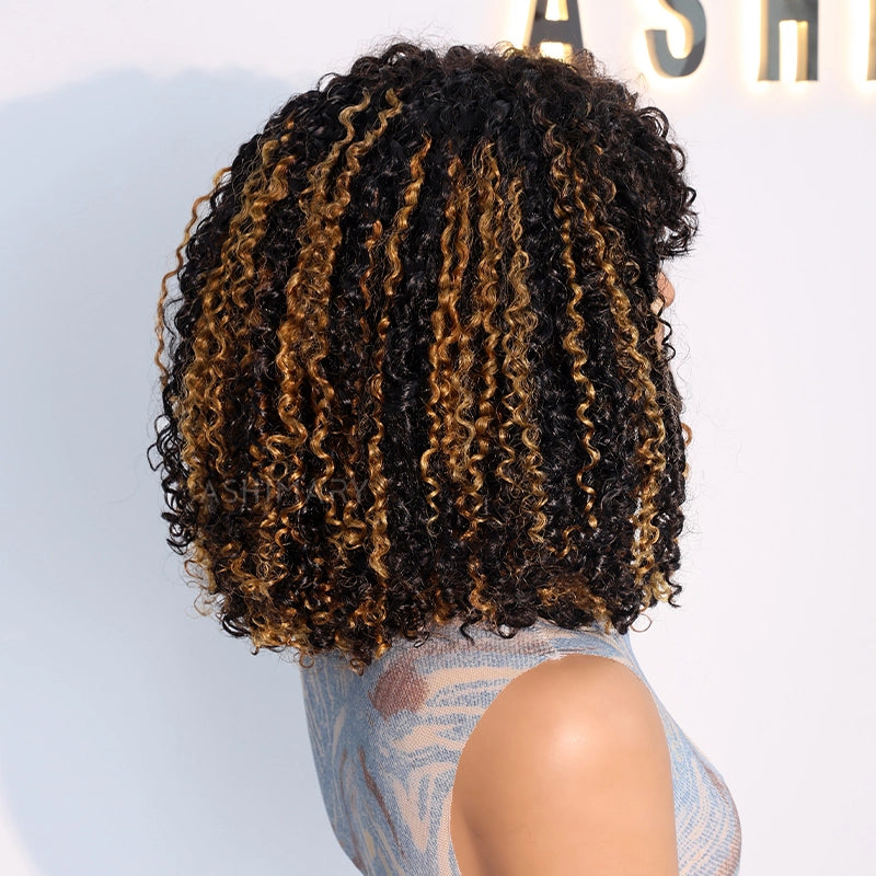 Pull Go 3x1 Scalp Illusion Wig with Natural Curly Bangs Highlight Kinky Curly Double Drawn Glueless Bob Wig - Image 8