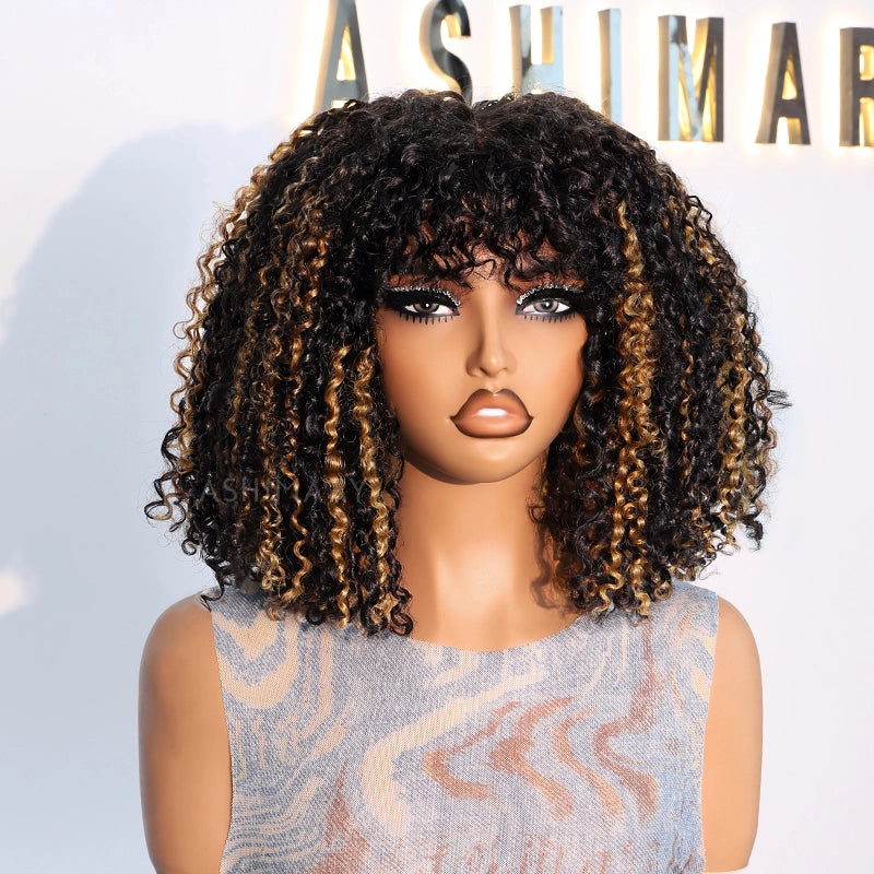 Pull Go 3x1 Scalp Illusion Wig with Natural Curly Bangs Highlight Kinky Curly Double Drawn Glueless Bob Wig - Image 4