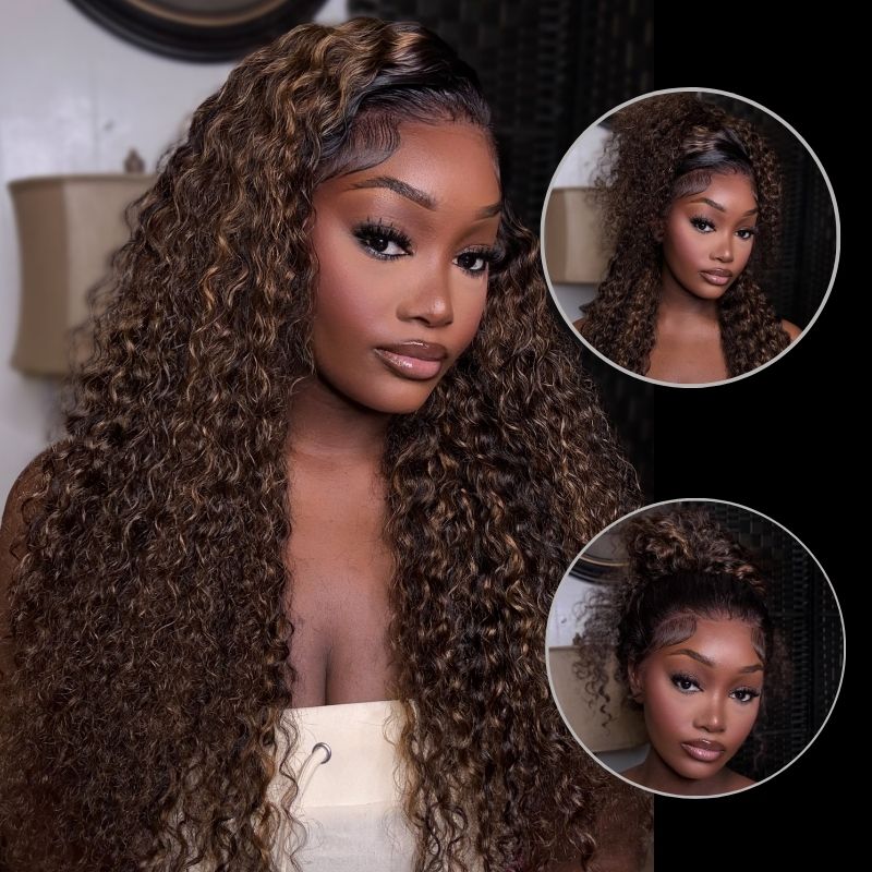 Water Wave 360 Lace Frontal Wig with Invisi Strap Brown Balayage Highlight Adjustable Fit Pre-Bleached and Pre-Cut Skin Lace - Image 5