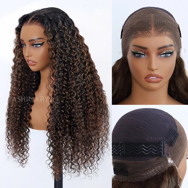 Water Wave 360 Lace Frontal Wig with Invisi Strap Brown Balayage Highlight Adjustable Fit Pre-Bleached and Pre-Cut Skin Lace - Image 11