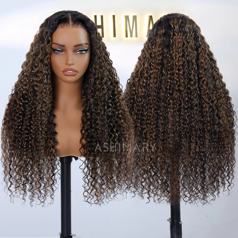 Water Wave 360 Lace Frontal Wig with Invisi Strap Brown Balayage Highlight Adjustable Fit Pre-Bleached and Pre-Cut Skin Lace - Image 12