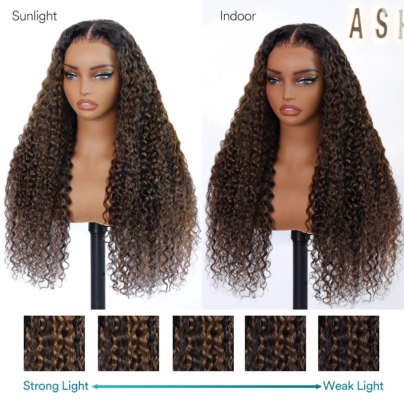 Water Wave 360 Lace Frontal Wig with Invisi Strap Brown Balayage Highlight Adjustable Fit Pre-Bleached and Pre-Cut Skin Lace - Image 13