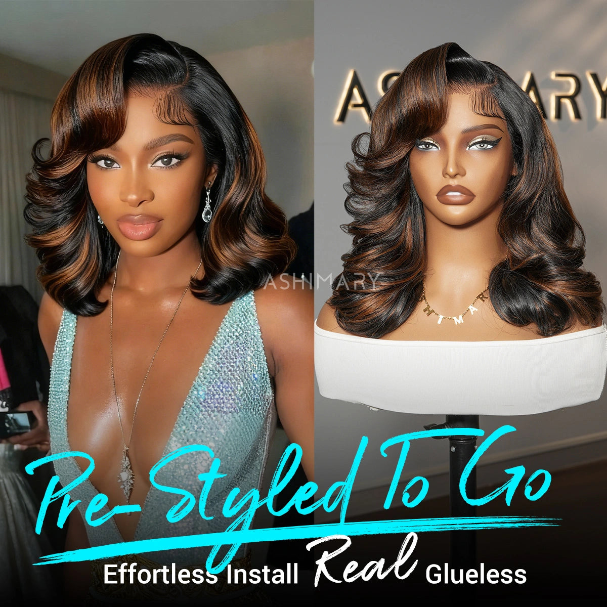Balayage Highlight Pre-Styled Bouncy Body Wave Ready To Go Glueless Layer Wavy Bob Wig With Baby Hair - Image 2