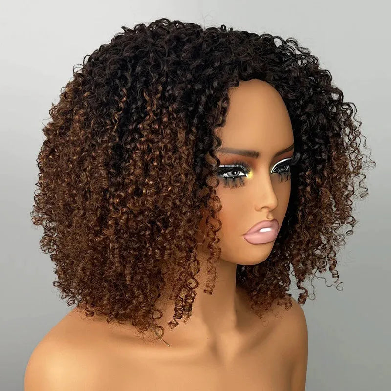 Black Brown Ombre Kinky Curly Half Wig With Drawstring Glueless Wear Go 3 in 1 Wig Beginner Friendly - Image 5