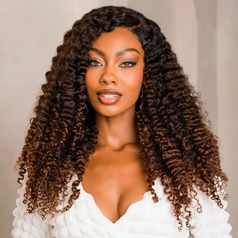 Black Brown Ombre Kinky Curly Half Wig With Drawstring Glueless Wear Go 3 in 1 Wig Beginner Friendly - Image 4