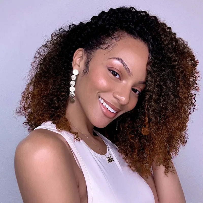 Black Brown Ombre Kinky Curly Half Wig With Drawstring Glueless Wear Go 3 in 1 Wig Beginner Friendly - Image 2