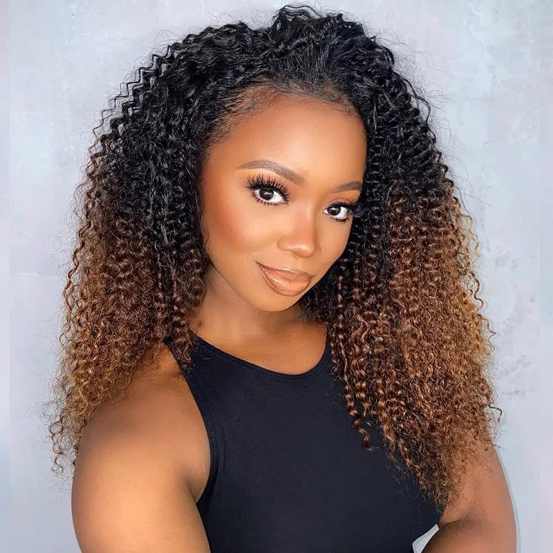 Black Brown Ombre Kinky Curly Half Wig With Drawstring Glueless Wear Go 3 in 1 Wig Beginner Friendly