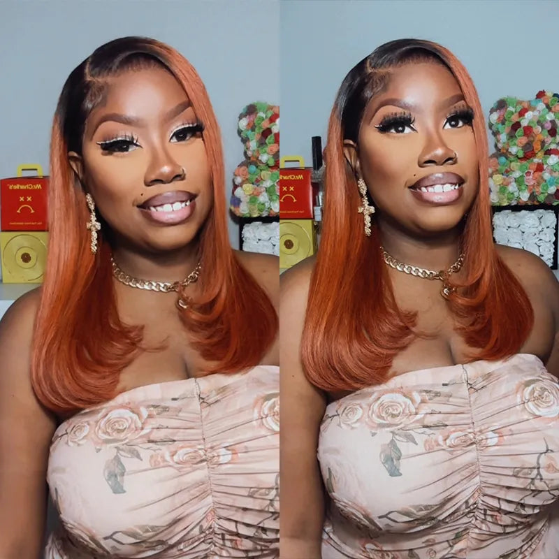 Pull Go 13x4 Lace Wig Ginger Ombre Silky Blunt Cut Glueless Bob Wig - Image 6