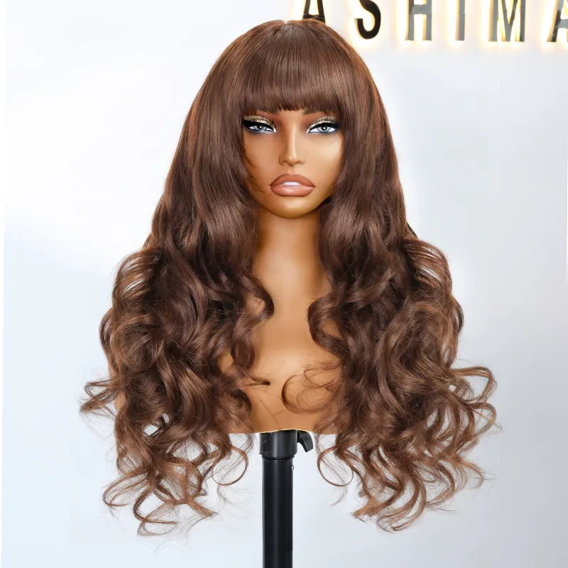 Body Wave Pre-Cut Layer With Bangs Pull Go 3x1 Lace Brown Wig True Scalp Glueless Pre-Styled Wig - Image 8