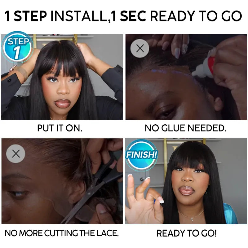 Bouncy Curl With Bangs Pull Go 3x1 Lace Natural Black Wig True Scalp Glueless Pre-Styled Wig - Image 7