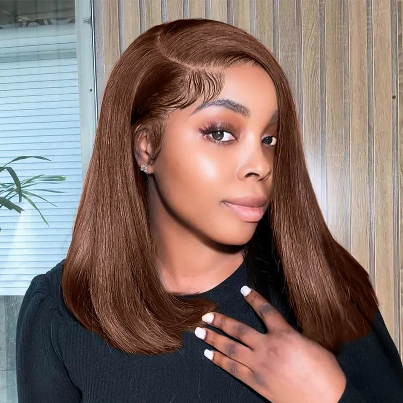 Double Drawn High Density Pull Go 13x4 Lace Bob Wig Rich Brown Bone Straight Lace Frontal Wig - Image 2