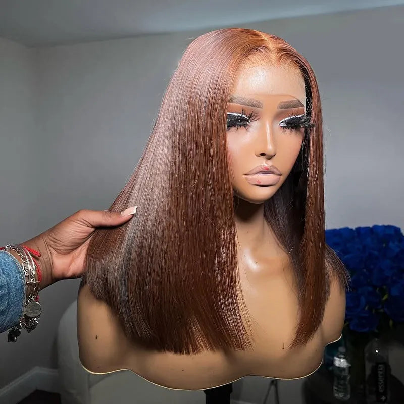 Double Drawn High Density Pull Go 13x4 Lace Bob Wig Rich Brown Bone Straight Lace Frontal Wig - Image 3