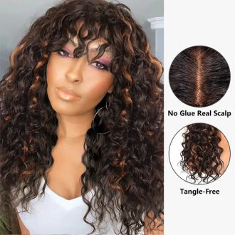 Brown Highlight Bouncy Curl With Bangs Pull Go 3x1 Lace Real Scalp Wig No Glue Pre-Styled Wig