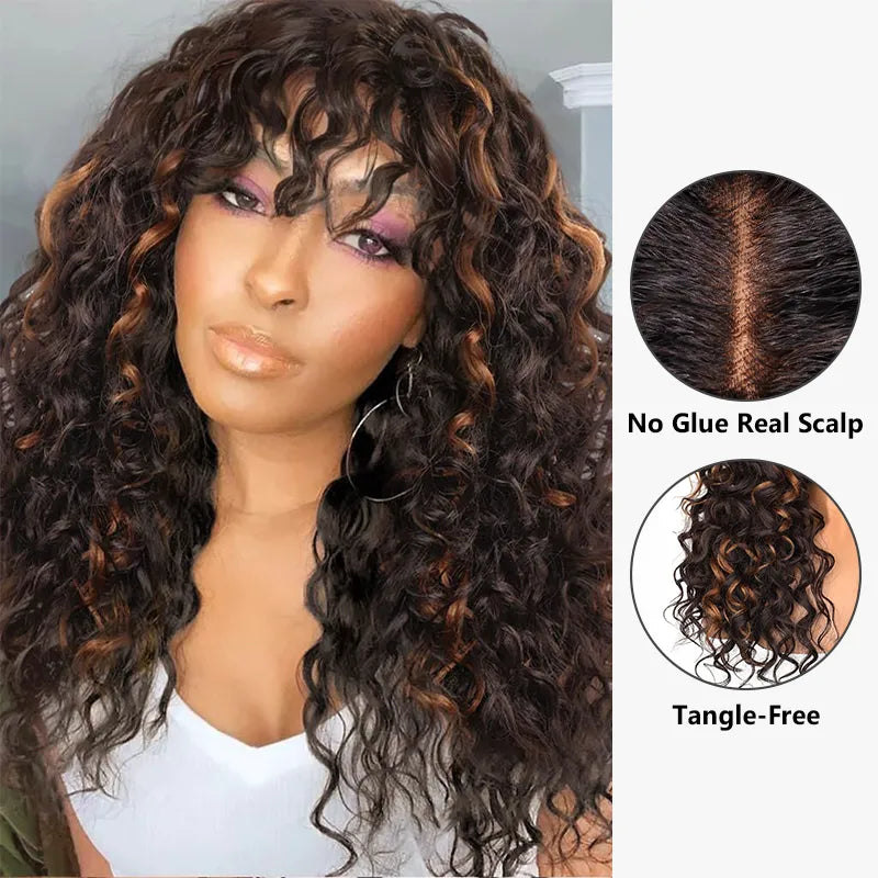 Brown Highlight Bouncy Curl With Bangs Pull Go 3x1 Lace Real Scalp Wig No Glue Pre-Styled Wig