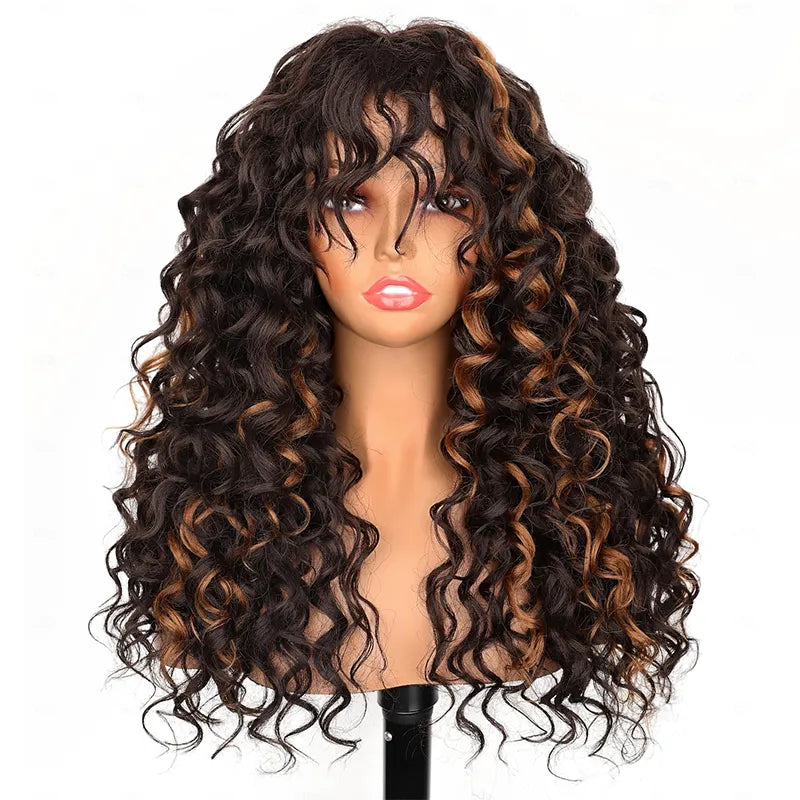 Brown Highlight Bouncy Curl With Bangs Pull Go 3x1 Lace Real Scalp Wig No Glue Pre-Styled Wig - Image 2