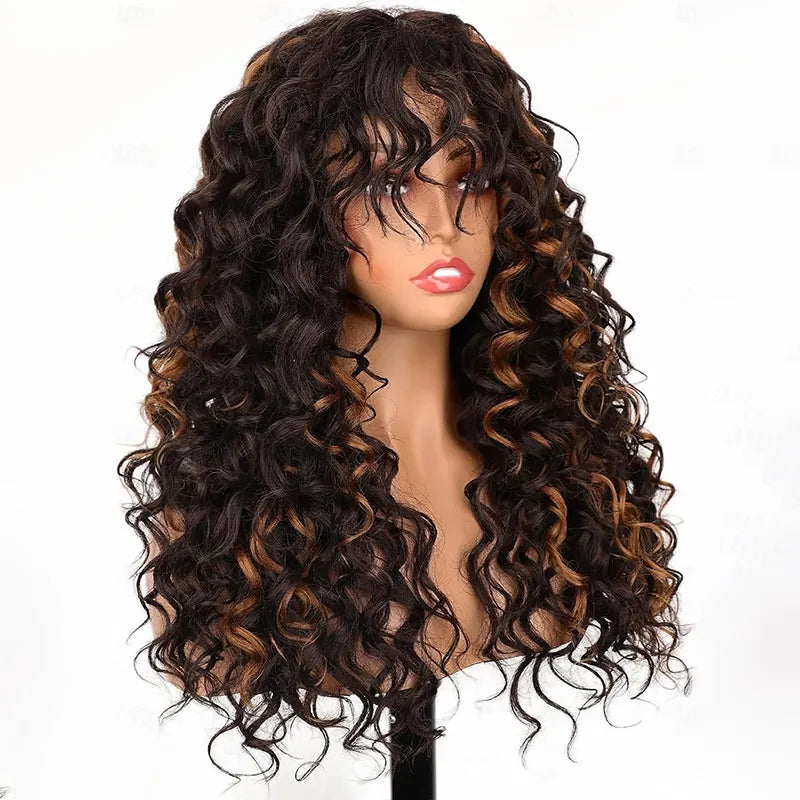 Brown Highlight Bouncy Curl With Bangs Pull Go 3x1 Lace Real Scalp Wig No Glue Pre-Styled Wig - Image 3