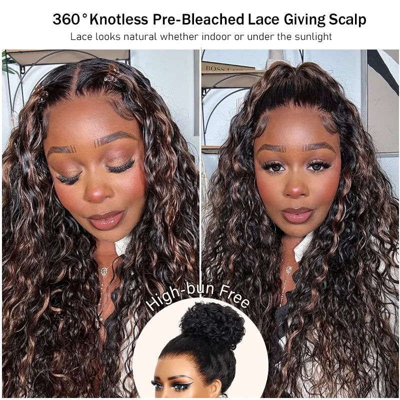 Water Wave 360 Lace Frontal Wig with Invisi Strap Brown Balayage Highlight Adjustable Fit Pre-Bleached and Pre-Cut Skin Lace - Image 4