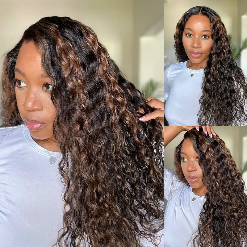 Water Wave 360 Lace Frontal Wig with Invisi Strap Brown Balayage Highlight Adjustable Fit Pre-Bleached and Pre-Cut Skin Lace - Image 3