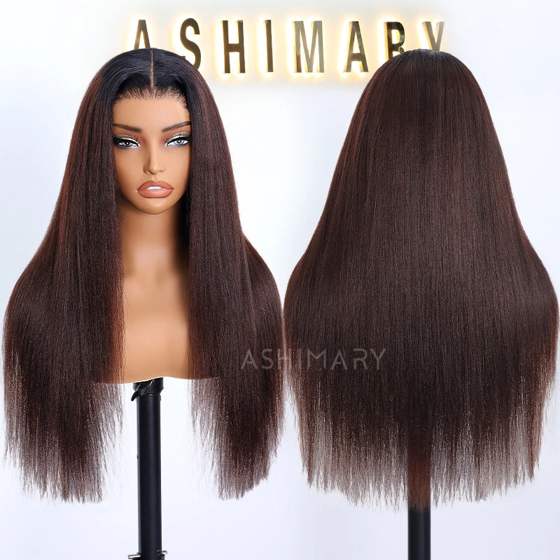 Yaki Straight Pull Go 13x6 Full Wig Transparent Lace Frontal Black to Brown Ombre Human Hair Wig Parting Max Glueless Wig - Image 3