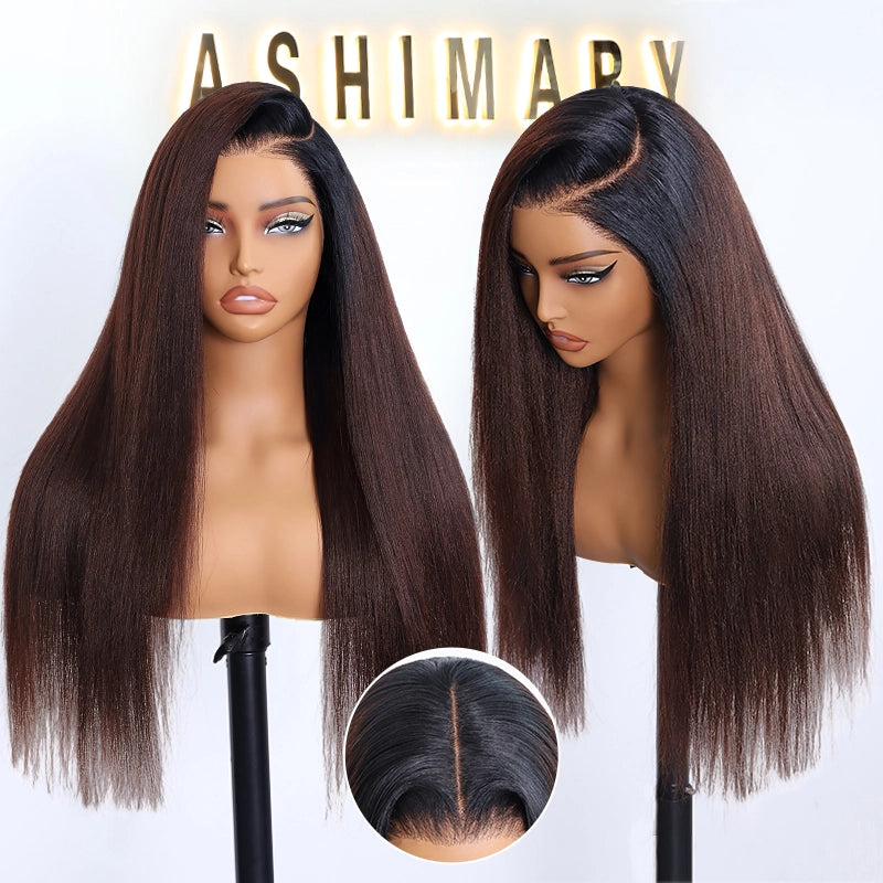 Yaki Straight Pull Go 13x6 Full Wig Transparent Lace Frontal Black to Brown Ombre Human Hair Wig Parting Max Glueless Wig - Image 4