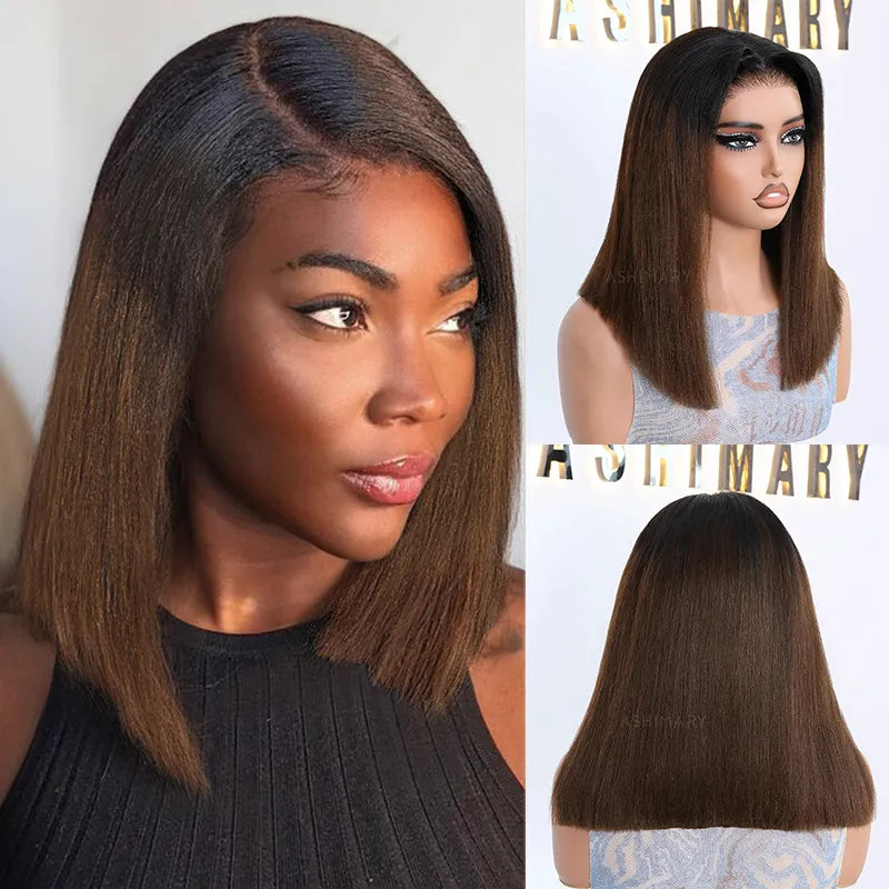 Chestnut Brown Soft Ombre Blend Pull Go 6x4.5 Lace Yaki Straight Wig Glueless Short Bob Beginner-Friendly - Image 9