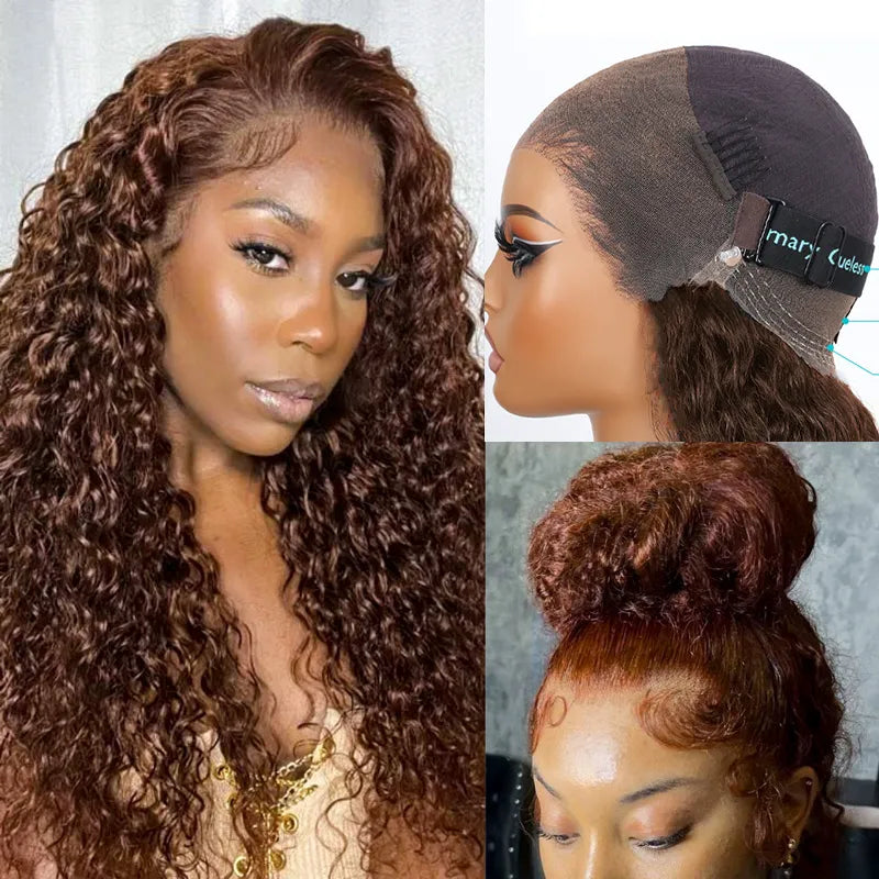 Chocolate Brown Water Wave Invisi Strap Snug Fit 360 Melting Lace Frontal Bleached Knots Glueless Lace Wig - Image 6