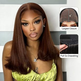 Pull Go 13x4 Lace Bob Wig Rich Brown Yaki Straight Lace Frontal Wig Silk Press Glueless Hair