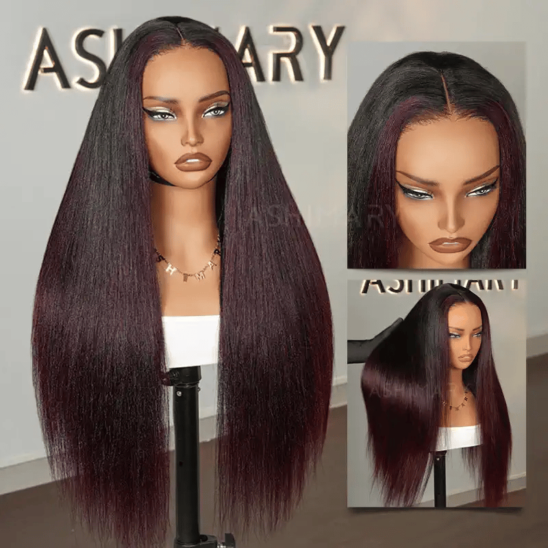 Burgundy Plum Ombre 7x5 Pre-Everything Lace Wig Yaki Straight Put on and Go Glueless Wig - Image 2