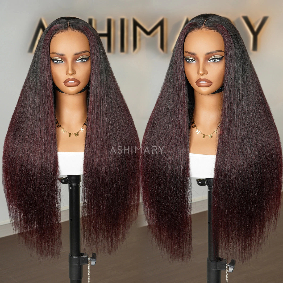 Burgundy Plum Ombre 7x5 Pre-Everything Lace Wig Yaki Straight Put on and Go Glueless Wig - Image 4