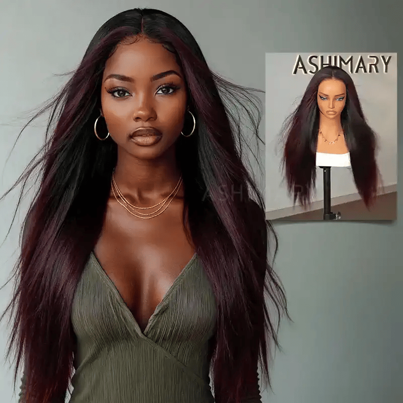 Burgundy Plum Ombre 7x5 Pre-Everything Lace Wig Yaki Straight Put on and Go Glueless Wig - Image 9