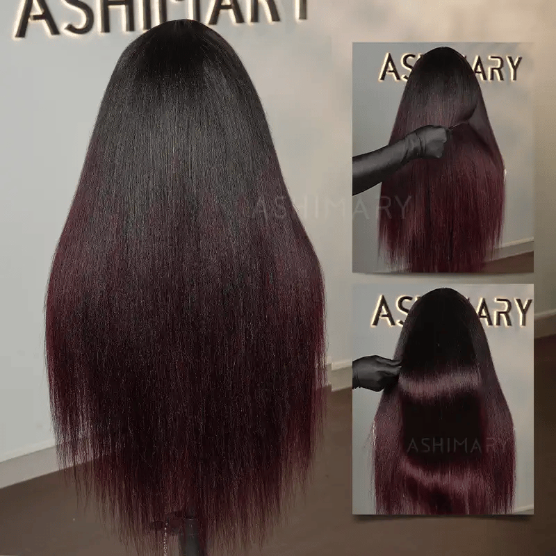 Burgundy Plum Ombre 7x5 Pre-Everything Lace Wig Yaki Straight Put on and Go Glueless Wig - Image 3