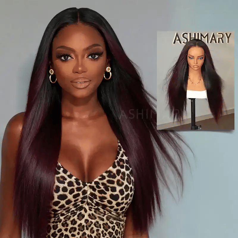 Burgundy Plum Ombre 7x5 Pre-Everything Lace Wig Yaki Straight Put on and Go Glueless Wig
