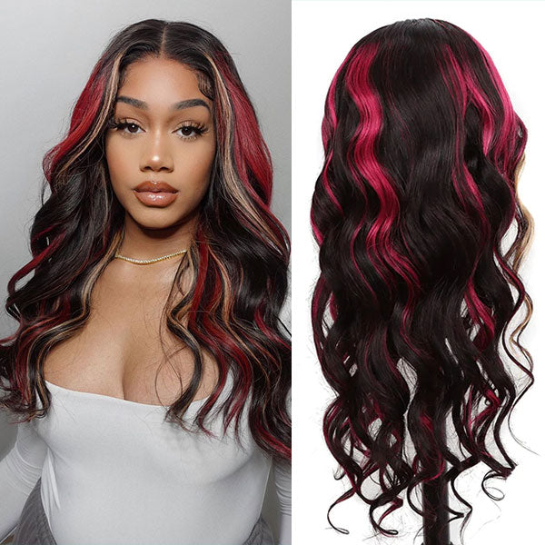 Ashimary burgundy hair with blonde highlights 13x4 HD Transparent lace wigs online for sale - Image 4