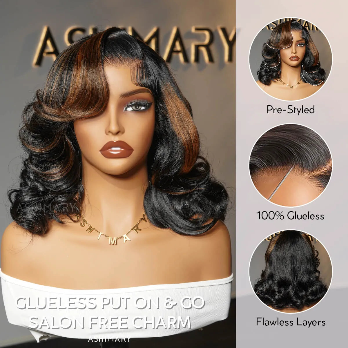 Black Camarel Blonde Highlights Pre-Styled Bouncy Body Wave Glueless Side Part Layer Wavy Bob Wig With Baby Hair - Image 4