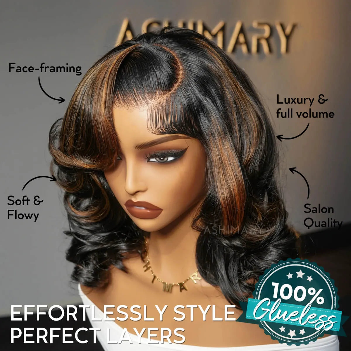 Black Camarel Blonde Highlights Pre-Styled Bouncy Body Wave Glueless Side Part Layer Wavy Bob Wig With Baby Hair - Image 3