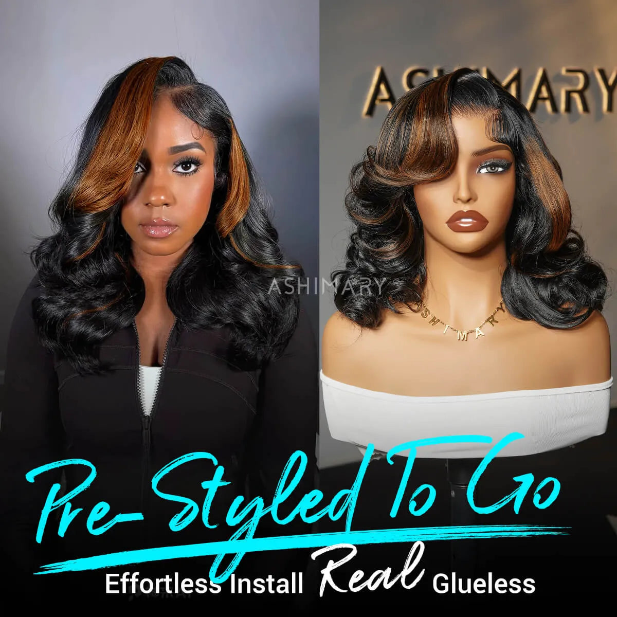 Black Camarel Blonde Highlights Pre-Styled Bouncy Body Wave Glueless Side Part Layer Wavy Bob Wig With Baby Hair - Image 2