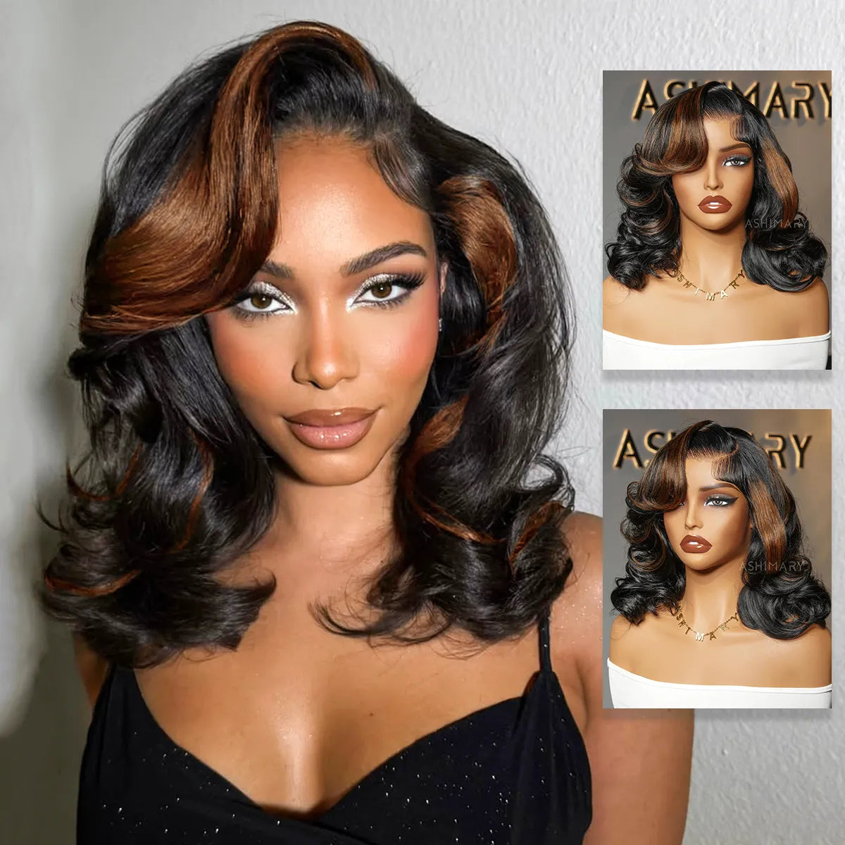 Black Camarel Blonde Highlights Pre-Styled Bouncy Body Wave Glueless Side Part Layer Wavy Bob Wig With Baby Hair