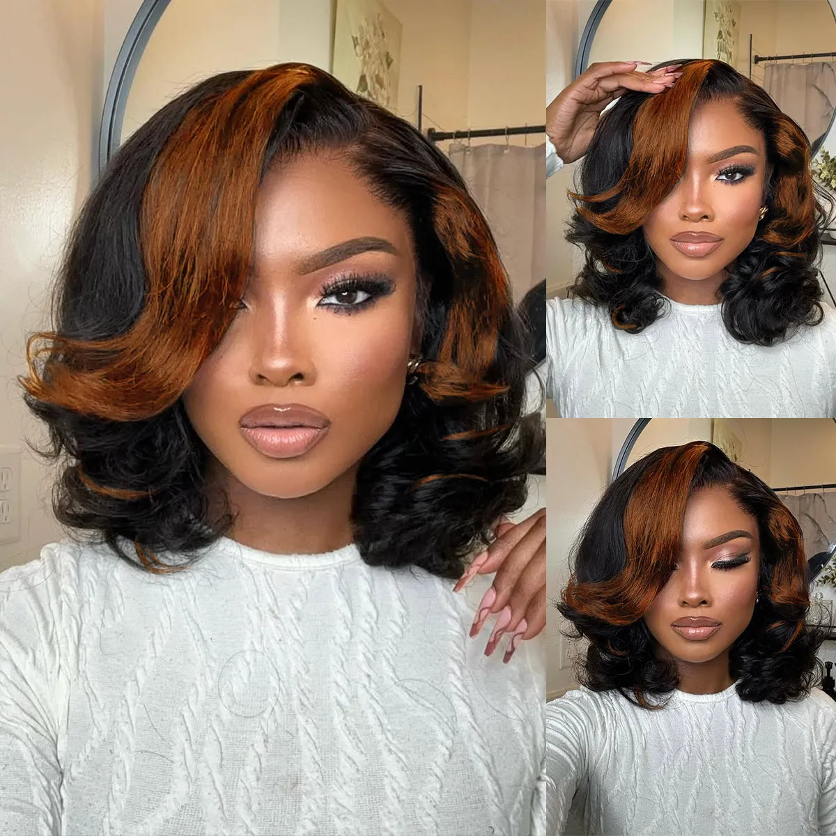 Black Camarel Blonde Highlights Pre-Styled Bouncy Body Wave Glueless Side Part Layer Wavy Bob Wig With Baby Hair - Image 5