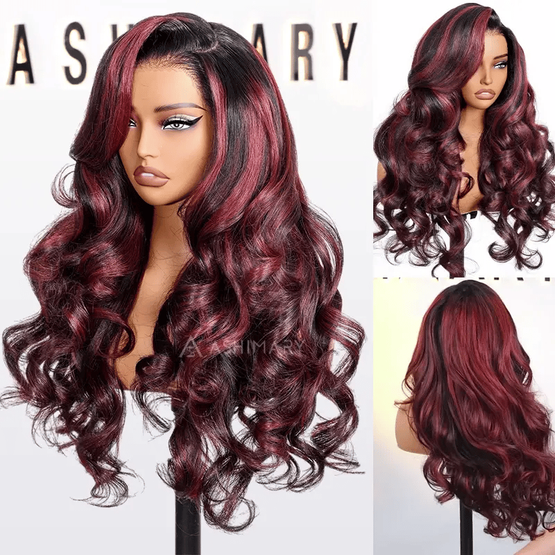 Cherry Red Highlight Layered Cut Body Wave Wig 13x6 Full Pre-Everything Wig Burgundy Highlight - Image 12