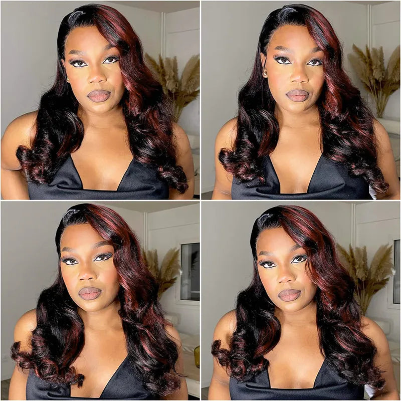 Cherry Red Highlight Layered Cut Body Wave Wig 13x6 Full Pre-Everything Wig Burgundy Highlight - Image 11