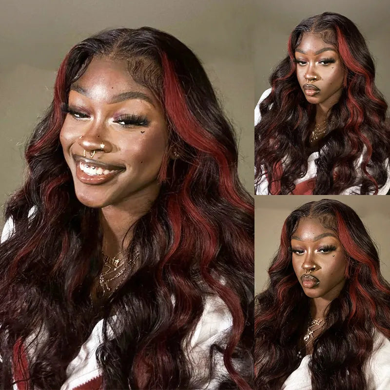 Cherry Red Highlight Layered Cut Body Wave Wig 13x6 Full Pre-Everything Wig Burgundy Highlight - Image 3