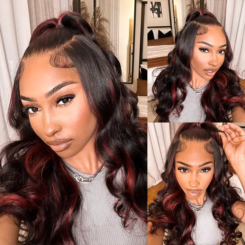 Cherry Red Highlight Layered Cut Body Wave Wig 13x6 Full Pre-Everything Wig Burgundy Highlight - Image 2